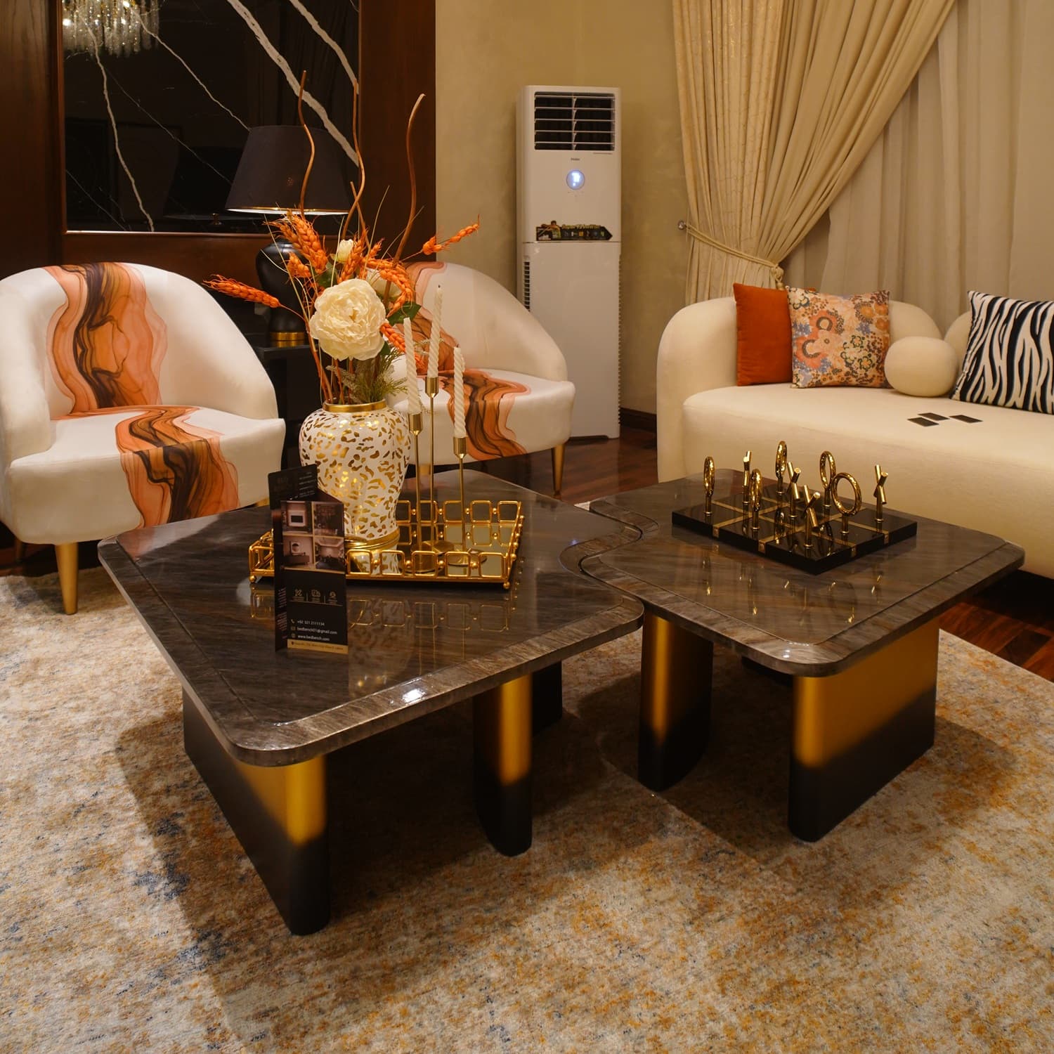 Vera Coffee Table — Natural stone, solid wood and metal, handcrafted by Bed Bench Lahore