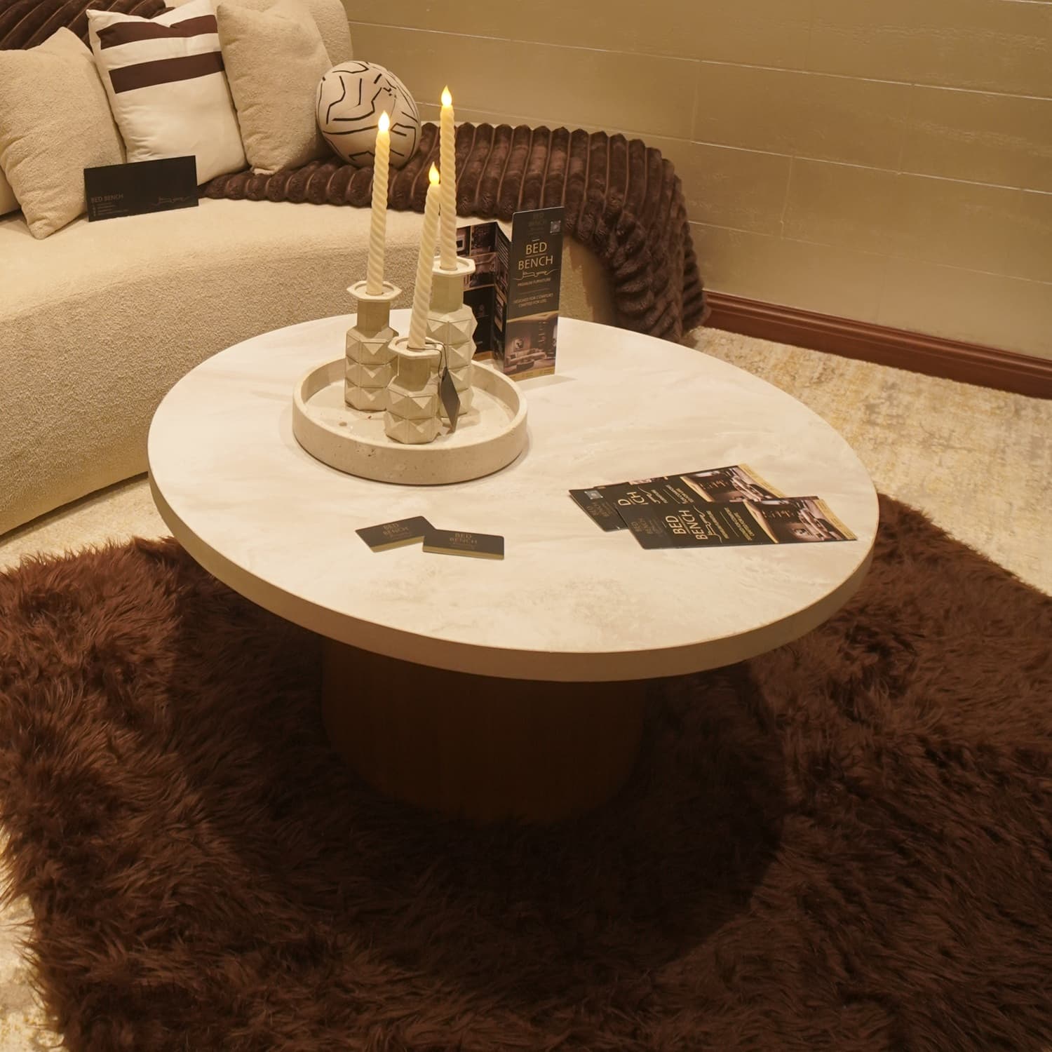Luna Coffee Table — Natural stone, solid wood and metal, handcrafted by Bed Bench Lahore