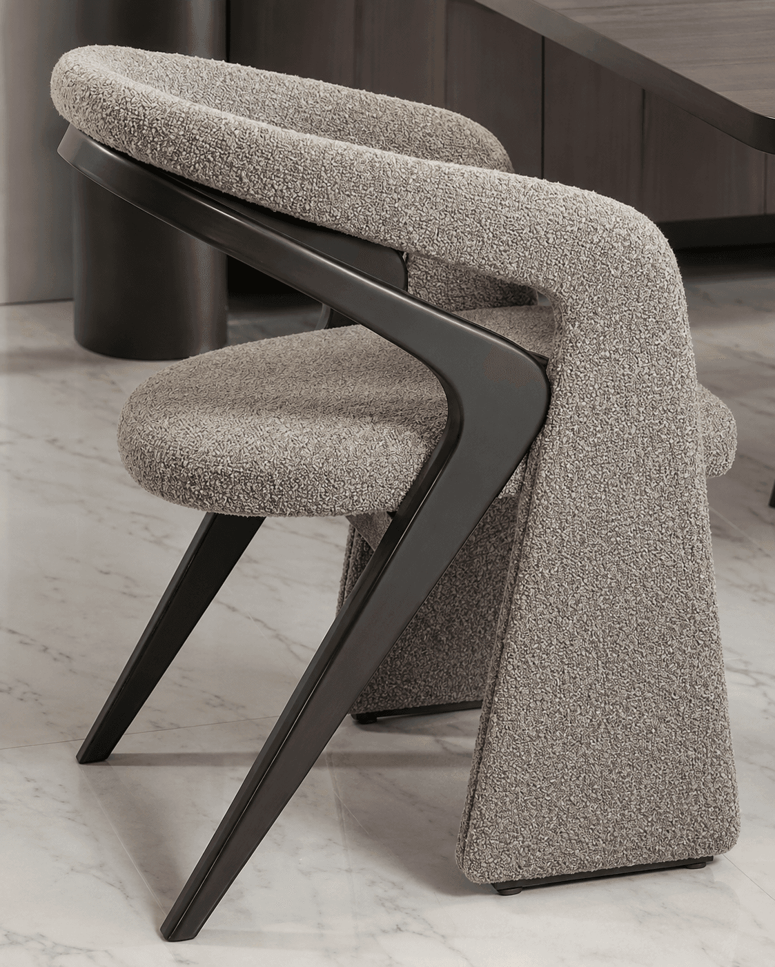 Marlow Dining Chair — Textured upholstery, solid wood frame, handcrafted by Bed Bench Lahore