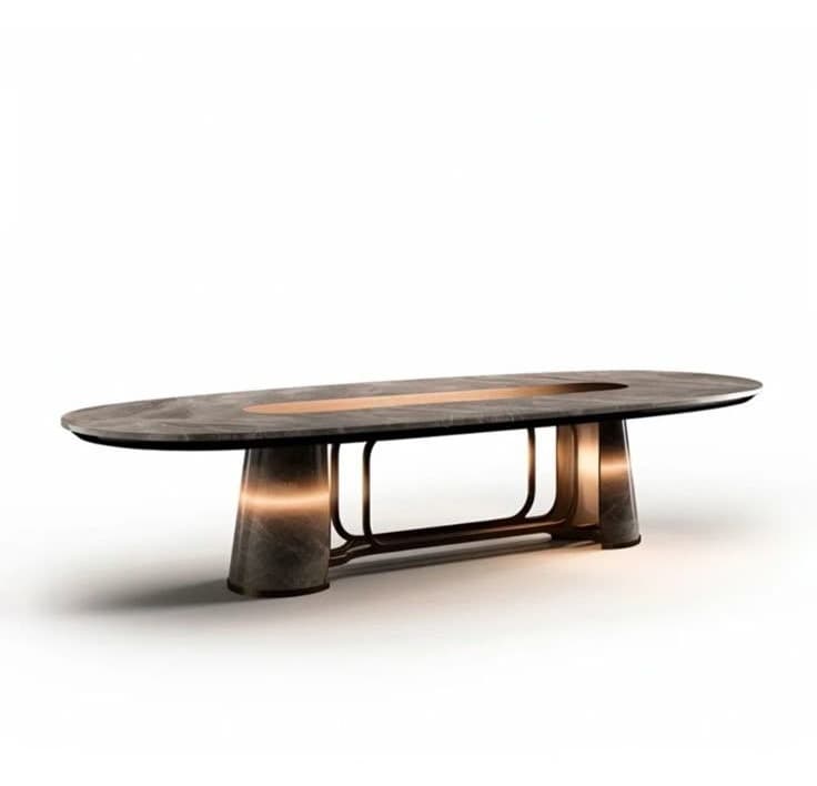 Nora Dining Table — Solid wood, polished stone or veneer top, handcrafted by Bed Bench Lahore