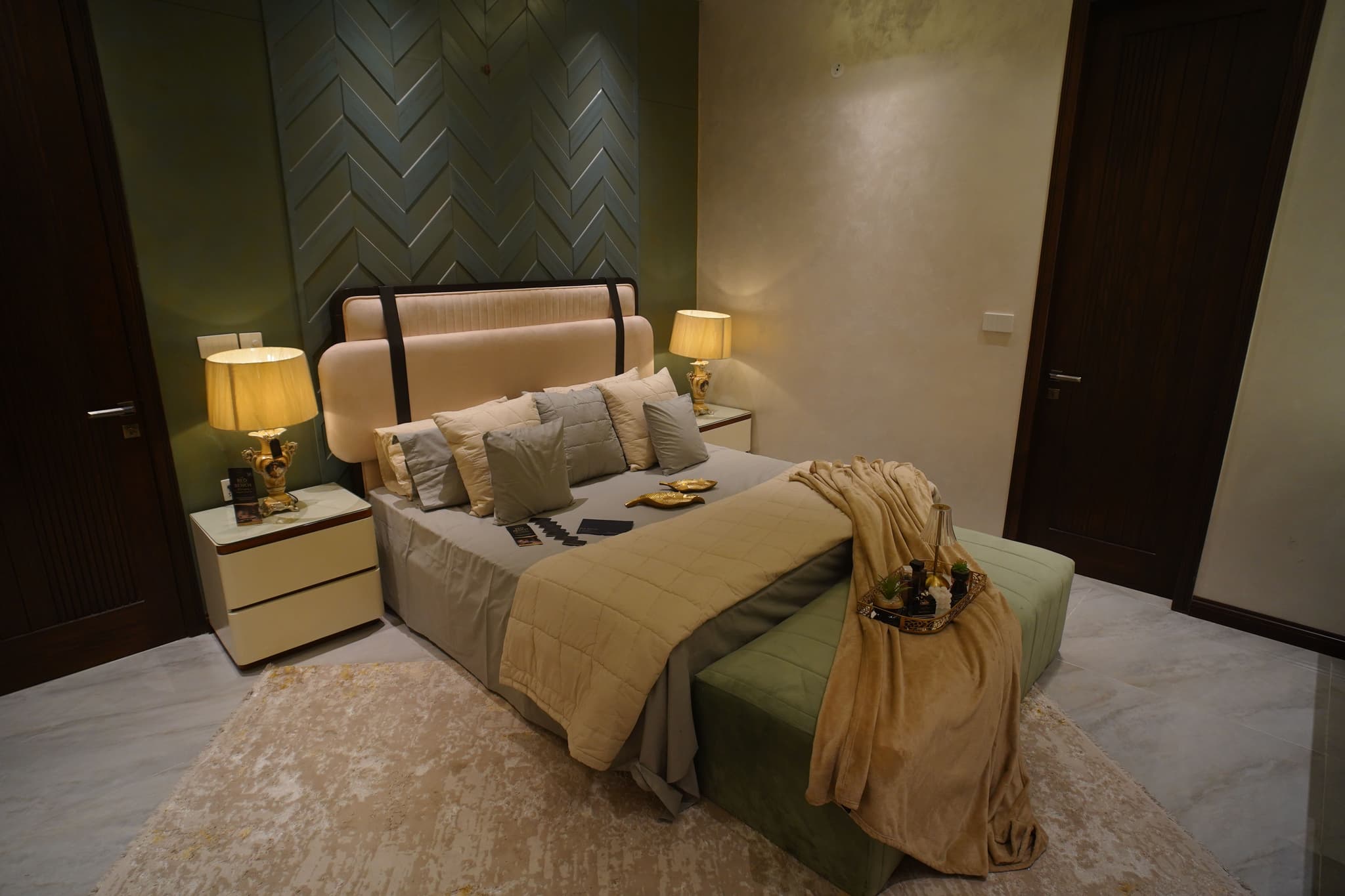 Luna Bed — Upholstered fabric, solid wood frame, handcrafted by Bed Bench Lahore