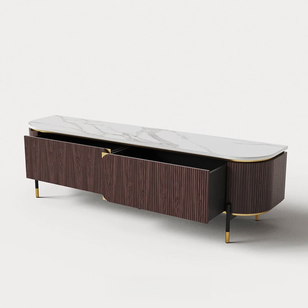 Luma TV Console — Veneered wood, matte metal details, handcrafted by Bed Bench Lahore